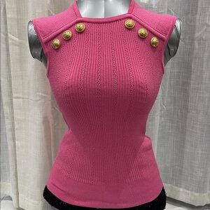 Balmain Hot Pink Ribbed Sleeveless Knit Top with Gold Buttons